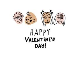 Lesbian and homosexual couples, young girls and men. Human face with emotions of love. Doodle Card with Lettering Happy Valentines Day. Love-day poster and postcard. Hand drawn vector illustration