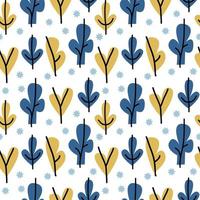 Blue and mustard Abstract seamless Pattern with trees and stars. Trendy hand drawn plant textures Background. Abstractive design for paper, fabric, interior decor, textiles, bed linen vector