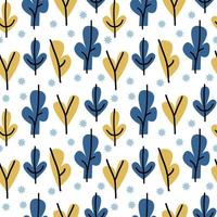 Blue and mustard Abstract seamless Pattern with trees and stars. Trendy hand drawn plant textures Background. Abstractive design for paper, fabric, interior decor, textiles, bed linen vector