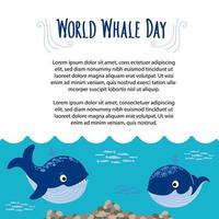 Two cute Whales in the blue sea Waves. World Whale Day Lettering and space for text. World whales day template. Protection of marine mammals. Vector flat illustration for card, poster, banner, placard