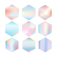 Shape gradient hexagons in pastel holographic colors. Modern elements for background, postcards, discounts, your text or any design. Vector illustration