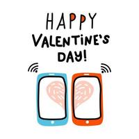 Valentine doodle icon Virtual Love Wi-Fi. Internet Love, talk, chat, decoration, heart and vibes. Lettering Happy Valentines Day. Hand drawn, line art and flat vector Illustration for web, sticker