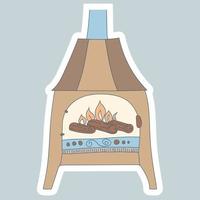 chimenea de estilo escandinavo sobre patas con decoración. el fuego está ardiendo en la chimenea. hygge europeo acogedor. ilustración de arte de línea dibujada a mano para su diseño. línea aislada sobre fondo blanco vector