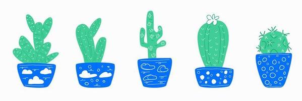 A set of green cacti in blue pots. vector