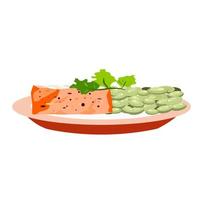 Red fish with beans on a plate. vector