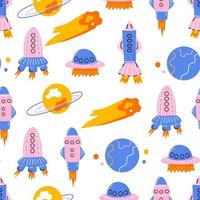 Seamless children's pattern with rockets and comets and planets. vector