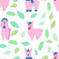 Seamless pattern with pink llamas in hats and socks. vector