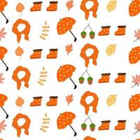 Seamless autumn pattern with umbrellas and scarves and boots. vector