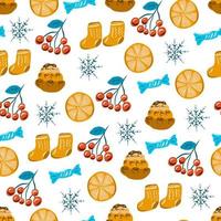 Seamless pattern with pine cones and snowflakes and socks. vector