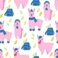 Seamless pattern with pink llamas and school bags. vector