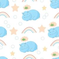 Seamless pattern with cute sleeping hippos. vector