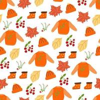 Seamless autumn pattern with a sweater and a cap and rubber boots. vector