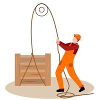 The worker lifts the box with a rope. vector