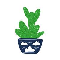 A green cactus in a blue pot with painted clouds. vector