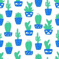 patrón sin costuras con cactus en macetas azules. vector