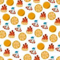 Oranges seamless pattern with berries and cakes. vector