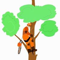 An arborist with a saw climbs a tree. vector