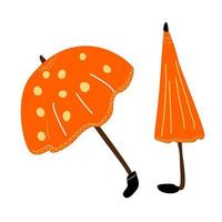 un paraguas naranja en un estado plegado y abierto. vector