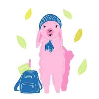 una llama rosa con mochila va a la escuela. vector