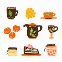 un juego de tazas y pasteles y frutas de otoño. vector