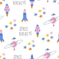 Seamless children's pattern with rockets and the inscription space rocket. vector