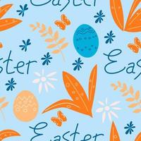 Seamless pattern with flowers, Easter eggs and the inscription Easter. vector