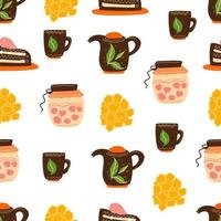 Seamless pattern with teapot and cups and sweets. vector