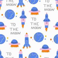 patrón infantil sin costuras con la inscripción a la luna y cohetes. vector