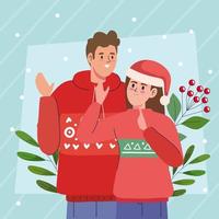 cute couple using christmas sweater vector