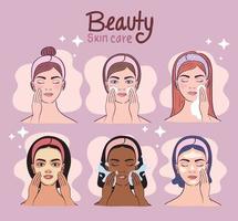 six girls with skincare treatment vector