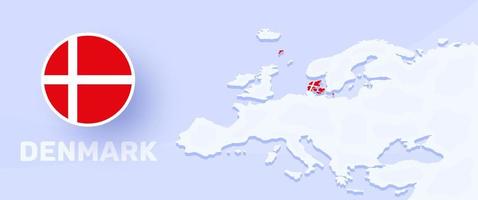 denmark map flag banner. Vector illustration with a map of Europe and highlighted country with national flag