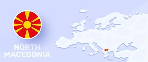 north macedonia map flag banner. Vector illustration with a map of Europe and highlighted country with national flag