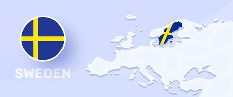 sweden map flag banner. Vector illustration with a map of Europe and highlighted country with national flag