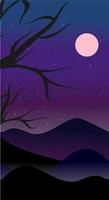 Mountain landscape illustration in flat style with design hill and smoke in night view. Aesthetic nature background. Banner template for mobile phone screen saver theme, lock screen and wallpaper. vector