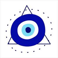 Isolated Greek amulet of the evil eye in the pyramid.Turkish amulet with blue eyelashes and protection in a triangle. Vector illustration flat style