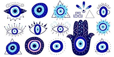 Greek evil eye amulet and hamsa hand in a set.Turkish eye with eyelashes, in a pyramid, in a triangle for amulet and protection. Vector illustration in flat style.