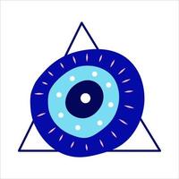 Isolated Greek amulet of the evil eye in the pyramid.Turkish amulet with blue eyelashes and protection in a triangle. Vector illustration flat style