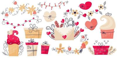 Set for valentines day romantic love clipart with cupcakes, hearts and garlands. Pink boxes gifts, an envelope with hearts and leaves. Vector illustration in flat hand style.