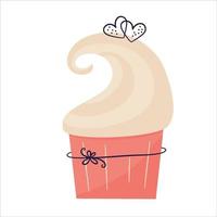 Pink cupcake with heart for Valentine's Day. Waffle cup with cream. Delicious, sweet dessert with decor. Flat vector illustration isolated