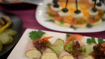 mesa de restaurante com comida. pratos europeus - carnes e saladas video