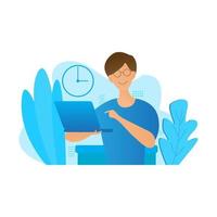 Creative vector character design of a man holding a laptop for web design, landing page, banner