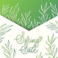 Spring sale banner with envelope, branches and leaves. vector