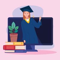 mujer estudiante en graduación virtual vector