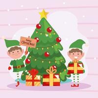 group elf with pine tree and gift boxes vector