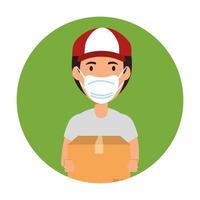 delivery worker using face mask with box carton vector