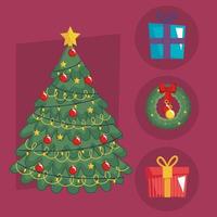 pino navideño y decoración de iconos vector