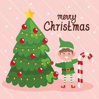 elf with candy cane and pine tree vector