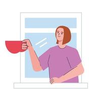 woman with coffee in window looking vector