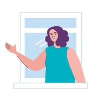 mujer saludando en la ventana vector