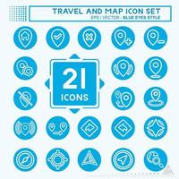 conjunto de iconos de viaje y mapa - estilo de ojos azules vector